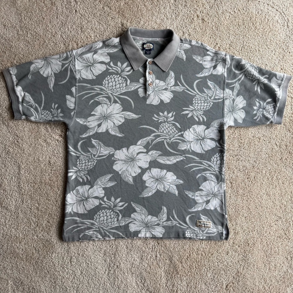 Tommy Bahama Hawaiian Polo Shirt XL Gray Floral Pineapple Cotton